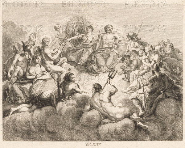 Gathering of the Gods on Olympus, print, Numbered bottom center: Tab: XCIV., printmaker, after print by, Germany, Daniel Nikolaus Chodowiecki, paper, etching, height 186 mm x width 229 mm, The original print is part of a series of 96 prints published to illustrate the 'Elementarwerk' by the German pedagogue Johann Bernhard Basedow. The prints were produced by various artists based on drawings by Daniel Chodowiecki. In 1774 the collected print work was published under the title: Kupfersammlung zu JB Basedows Elementarwerk für die Jugend und ihre Freunde., Person, Johann Bernhard Basedow, the Olympian gods together: Jupiter, Juno, Neptune, Ceres, Apollo, Diana, Mars, Venus, Mercury, Minerva, Vulcan, Vesta (or Bacchus), A large engraved scene shows numerous partially clothed figures gathered on and above a mass of billowing clouds, arranged in a semicircular composition. Central seated figures include a bearded man with a draped lower body holding a staff and a woman beside him with drape...