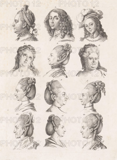 Twelve heads of women, print, On the top row: Catherine the Great, Christine of Sweden and Joan of Arc. Among them: Adrienne Lecouvreur, a woman from Danzig and Maria Theresa of Austria. The other women are unknown., inscription: 'f 6.45', printmaker: Daniel Nikolaus Chodowiecki, Berlin, 1775, paper, etching, height 227 mm x width 153 mm, Print also used in: Lavater, Johann Kaspar. Physiognomonic Fragmente zur Beförderung der Menschenkenntniß und Menschenliebe. Leipzig and Winterthur: heirs of Weidmann and Reich and Heinrich Steiner and Compagnie, 1775-1778., Person, Christina (Queen of Sweden), Maria Theresia (Roman-German Empress), Johann Caspar Lavater, historical persons - BB - woman, A vertical sheet showing a grid of engraved portrait busts of women and one man, each rendered in profile or three-quarter view, arranged in rows; the portraits display varied hairstyles and headwear including braids, ribbons, flowers, bonnets, caps with plumes, and high coiffures, with detailed line ...
