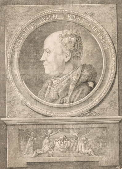 Portrait of Christian Wilhelm Ernst Dietrich, print, Under the portrait putti around a tomb with the initials, date and place of death of Christian Wilhelm Ernst Dietrich., inscription: 'Probdruck', printmaker: Daniel Nikolaus Chodowiecki, Berlin, after drawing by Friedrich Reclam, 1774, paper, etching, proof, height 274 mm x width 214 mm, Person, Christian Wilhelm Ernst Dietrich, historical persons, portrait, self-portrait of artist, cupids: 'amores', 'amoretti', 'putti', grave, tomb, A circular framed profile portrait of an older man facing left, rendered in fine engraved lines, showing a balding head with short curly hair at the back, a pronounced nose, and a fur-trimmed garment with a patterned scarf. The round frame is set within a rectangular panel with decorative borders and textured shading. Below the circular portrait, a wide panel contains a classical relief scene with cherubic figures, drapery, and ornamental architectural elements, all depicted in the same detailed engraved...