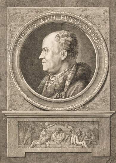 Portrait of Christian Wilhelm Ernst Dietrich, print, Under the portrait putti around a tomb with the initials, date and place of death of Christian Wilhelm Ernst Dietrich., printmaker: Daniel Nikolaus Chodowiecki, Berlin, after drawing by Friedrich Reclam, 1774, paper, etching, proof, height 273 mm x width 206 mm, Person, Christian Wilhelm Ernst Dietrich, historical persons, portrait, self-portrait of artist, cupids: 'amores', 'amoretti', 'putti', grave, tomb, A detailed engraved portrait shows a man in profile facing left inside a circular frame with ornate edging, his head bald at the front with short curly hair at the back, wearing a fur-trimmed garment and a patterned scarf draped around his neck; the circular portrait is set within a rectangular stone-like panel, and below the circle a carved relief depicts reclining and standing cherubic figures around a central ornate cartouche, all rendered in fine parallel and cross-hatched lines.