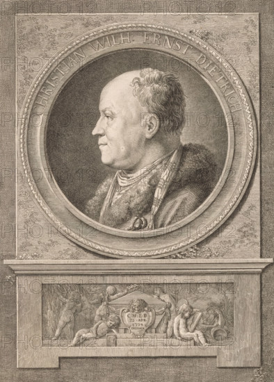 Portrait of Christian Wilhelm Ernst Dietrich, print, Under the portrait putti around a tomb with the initials, date and place of death of Christian Wilhelm Ernst Dietrich., printmaker: Daniel Nikolaus Chodowiecki, Berlin, after drawing by Friedrich Reclam, 1774, paper, etching, proof, height 279 mm x width 212 mm, Person, Christian Wilhelm Ernst Dietrich, historical persons, portrait, self-portrait of artist, cupids: 'amores', 'amoretti', 'putti', grave, tomb, A detailed engraved portrait of a man in profile inside a circular frame occupies the upper portion of the image, showing a balding head with short curly hair at the back, a prominent nose, and a composed facial expression; he wears a fur-lined garment and a draped cloth around his neck. The circular frame is decorated with a patterned inner border and sits within a rectangular stone-like panel with textured shading. Below the portrait, a rectangular recessed panel contains a classical relief scene with multiple cherubic figures ...