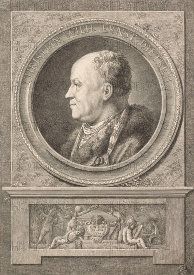 Portrait of Christian Wilhelm Ernst Dietrich, print, Under the portrait putti around a tomb with the initials, date and place of death of Christian Wilhelm Ernst Dietrich., printmaker: Daniel Nikolaus Chodowiecki, Berlin, after drawing by Friedrich Reclam, 1774, paper, etching, height 280 mm x width 213 mm, Person, Christian Wilhelm Ernst Dietrich, historical persons, portrait, self-portrait of artist, cupids: 'amores', 'amoretti', 'putti', grave, tomb, An engraved circular portrait shows a man in profile facing left within a decorated roundel, the man depicted with a receding hairline and short curly hair at the back, wearing a fur-lined garment and a patterned scarf around his neck; the roundel is set into a rectangular plaque with ornate molding, and below the roundel there is a relief panel depicting cherubic figures interacting with drapery and architectural ornamentation, all rendered in fine, closely spaced hatching and stippling.