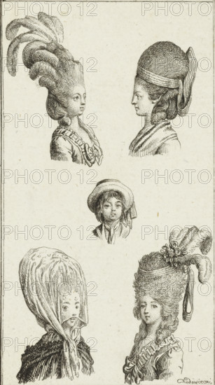 Five ladies' hairstyles, print, fashion print, Bauer 499, Engelmann 254a proof, printmaker: Daniel Nikolaus Chodowiecki, Berlin, after design by Daniel Nikolaus Chodowiecki, 1778, Daniel Nikolaus Chodowiecki, printmaker, paper, etching, proof, height 112 mm x width 70 mm, This print is part of a series of five depictions of fashion and hearth rights. These depictions were etched together on a plate. A later state of this print was also used in: Königl. Grossbr. u. Churf. Braunschw. Lüneb. Genealogical Kalender auf das Jahr 1779. Lauenburg, JG Berenberg., head-gear (women's clothes), head-gear: hat (children's clothes), styles of hairdress (HERISSON) - AA -, women, costume, hairstyle, Period, 1779, A vertical ink drawing showing several women's heads and busts arranged in two columns, each wearing different historical headwear and hairstyles, with fine line shading and stippling; at the top left a high coiffure topped with large curved plumes and a curled lock at the nape above a ruffle...
