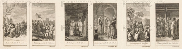 Twelve illustrations of marriage customs among various peoples, print, With caption in German., printmaker: Daniel Nikolaus Chodowiecki, Berlin, 1780, paper, etching, height 222 mm x width 388 mm, Prints used for: Gothaischer Hofkalender auf das Jahr 1781, Gotha: CW Ettinger, 1780., Chinese, (civil) marriage ceremonies, Asiatic races and peoples: Turks, Africans, Europeans (with NAME), Hinduism, Buddhism, Jainism, Japanese, A wide sepia-toned engraving showing a series of six framed vertical vignettes side by side, each depicting different groups of people in distinct outdoor or interior scenes; the first vignette shows figures in heavy fur clothing with animals and bare trees under a cloudy sky, the second shows a procession of mounted and foot figures with banners and a distant building, the third depicts an interior with garlanded beams and clothed figures conversing near stairs and a small figure lying on the floor, the fourth shows robed figures gathered around a columned arch and...