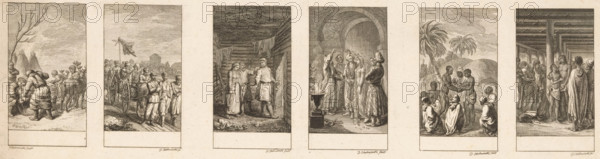 Six depictions of marriage customs among different peoples, print, From left to right, the Samoyed marriage, the Cossack marriage, the Osteaker marriage (?), the Parsi marriage, the Khoikhoi marriage and the Tahitian marriage., printmaker: Daniel Nikolaus Chodowiecki, Berlin, 1780, paper, etching, proof print, height 110 mm x width 386 mm, Prints used for: Gothaischer Hofkalender auf das Jahr 1781, Gotha: CW Ettinger, 1780., Chinese, (civil) marriage ceremonies, Asiatic races and peoples: Turks, Africans, Europeans (with NAME), Hinduism, Buddhism, Jainism, Japanese, A wide horizontal sheet shows a sequence of six vertical engraved vignettes separated by pale margins, each vignette depicting a different scene in detailed line work; the first vignette shows figures in heavy fur garments gathered outdoors near a leafless tree and rugged hills with animals nearby; the second vignette shows a procession with men in uniform marching beside a wheeled cart carrying a flag and distant low build...