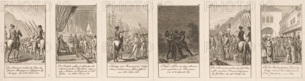 Twelve illustrations from Sprengel's *Geschichte der Revolution von Nord-America*, print, book illustration, The illustrations are numbered at the top right and contain a caption and location indication., printmaker: Daniel Nikolaus Chodowiecki, Berlin, after design by Daniel Nikolaus Chodowiecki, publisher: Haude und Spener, 1783, Daniel Nikolaus Chodowiecki, Haude und Spener, printmaker, publisher, paper, etching, height 213 mm x width 385 mm, Twelve illustrations on one sheet. Produced for 'die Geschichte der Revolution von Nord-Amerika', written by MC Sprengel. Later state used in: Historical genealogischer Calender, oder Jahrbuch der merkwürdigsten neuen Welt-Begebenheiten für 1784. Leipzig: Zur Messe bey Haude und Spener von Berlin, 1784., Person, Matthias Christian Sprengel, the soldier, the soldier's life, surrender, war, meeting, prisoner of war (after the battle), booty, spoil, burning, Protest, charge, battle, History, judgment (of criminal) (variant), Boston Tea Party (1773...