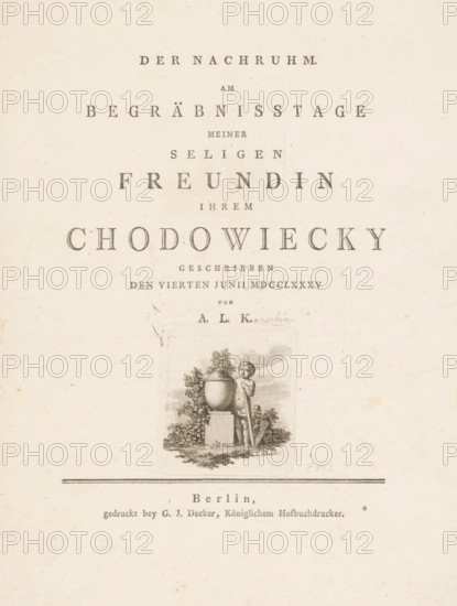 Five allegorical representations of death and two poems in letterpress on eight pages, Title page for: Anna Luisa Karschin, Der Nachruhm am Begräbnisstage meiner seligen Freundin ihrem Chodowiecky, 1785, title page, occasional print, printmaker: Daniel Nikolaus Chodowiecki, Berlin, printer (person): Georg Jacob Decker (I), writer (clerical worker), printer (person), paper, etching, letterpress printing, etching with text in letterpress, height 244 mm x width 196 mm, Prints in: Karschin, Anna Luise. Der Nachruhm am Begräbnisstage meiner seligen Freundin ihrem Chodowiecky. Berlin: GJ Decker, 1785. Published on the occasion of the death of the wife of Daniel Nikolaus Chodowiecki., garland, wreath, urn, Literature, trees: laurel, the all-seeing eye, triangle with eye, symbol of God the Father, torch - BB - torch held upside down, apotheosis (or ascension) of individuals, symbols and personifications of Death, The image shows the upper portion of an aged printed page with centered decorativ...
