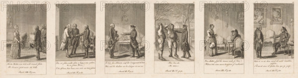 Six illustrations from the series of anecdotes by Frederick II, print, The prints are numbered at the top right. With caption and page reference in German and French., printmaker: Daniel Nikolaus Chodowiecki, Berlin, 1788, paper, etching, height 116 mm x width 381 mm, Prints used for: Gothaischer Hof Kalender zum Nutzen und Vergnügen eingerichtet auf das Jahr 1789. Gotha: CW Ettinger, 1788., Person, Frederick II (King of Prussia), ruler, sovereign, writer, poet, author, weeping, disguise, A wide engraving shows six separate rectangular vignettes arranged side by side across a single sheet, each bordered and depicting different indoor or outdoor scenes with figures in historical dress. In the first vignette a woman in a long patterned gown and head covering faces a bowed man in formal attire who holds a hat, with a chair and framed picture on the wall behind them. The second vignette shows three men in coats standing together in an interior with a high-backed chair and paneled walls as ...