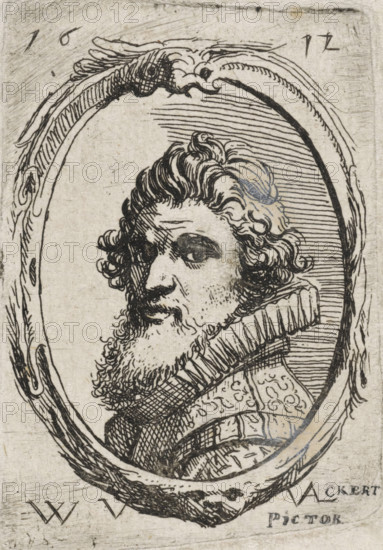 Self-portrait of Werner van den Valckert, print, name: 'VAL ckert, pictor', printmaker: Werner van den Valckert, The Hague, 1612, paper, etching, pen, etching and pen, height 75 mm x width 50 mm, Person, A black ink line drawing of a bearded man in an oval frame, shown in three-quarter profile facing left; the man has curly hair and a full beard, a high ruffled collar, and patterned clothing visible at the shoulder, with closely spaced parallel hatching behind his head; the oval frame is carved with flowing, organic decorative lines and textures and the paper shows an aged, slightly stained surface.
