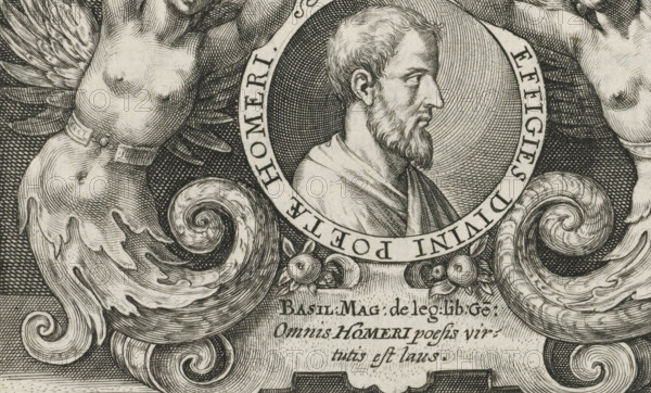Portrait of Homer, Speculum Heroicum Homeri, print, book illustration, title page, The portrait of the poet Homer, below it in a cartouche a poem of praise in Latin. He is crowned by two putti with a laurel wreath., number: '38-65', printmaker: Crispijn van de Passe (I), Utrecht, 1613, paper, engraving, letterpress printing, book print verso, 80 mm x width 111 mm, A detailed black and white engraved composition shows a male profile portrait within a roundel, the man facing right with short hair and a full beard, draped clothing at his shoulders, and a radiating textured background inside the circular frame. Flanking the roundel are two winged female figures shown from the torso up, their breasts exposed and arms raised, each wearing a decorative belt at the waist. Ornamental scrollwork with curling acanthus-like forms and shell-shaped spirals fills the lower area, with rounded floral motifs at the center beneath the roundel. The entire image is composed of fine etched lines and crossha...
