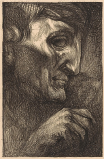 Head and hand of a man, print, The head and hand of a man, seen in profile., printmaker: Johannes Josephus Aarts, 1881 - 1934, paper, lithography, height 198 mm x width 128 mm, hand, head (human) (sideview, profile), A close-up charcoal or pencil drawing of an older person's profile, showing a heavily textured face with deep shadows and highlights, a prominent nose, closed eye, and furrowed brow; the cheek and chin area blend into a densely shaded beard or stubble, and a hand with visible knuckles and fingernails is brought near the mouth; the hair is swept back and the overall composition uses cross-hatching and dark, swirling strokes on a light paper background.
