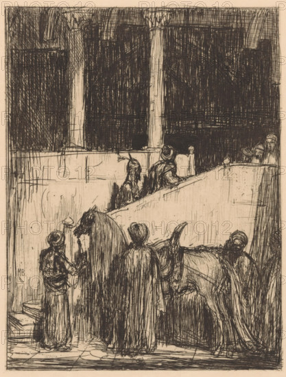 Palace entrance, print, Various figures at and on a staircase leading to the entrance of a palace. In the foreground a saddled horse., printmaker: Marius Bauer, 1890, paper, etching, intaglio printmaking technique, etching with plate tone, height 193 mm x width 147 mm, horse, palace, A densely hatched ink drawing showing a group of robed figures gathered on steps and a ramp inside a tall, arching architectural interior with large columns and dark, textured backgrounds; some figures wear rounded head coverings while others have long cloaks, and a few are seen in profile or from behind interacting near a railing; heavy crosshatching fills the space above and behind the columns, while the foreground shows more detailed line work on garments and a horse's head peeking among the people.