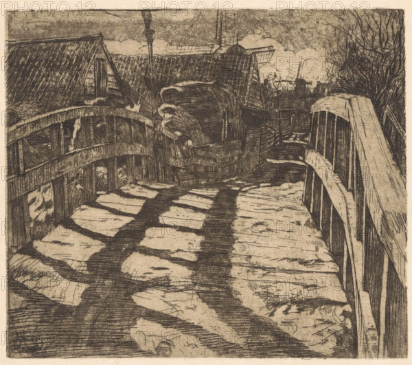 Bridge in the Baarsjes in Amsterdam, print, A wooden bridge whose railing casts a shadow on the bridge deck. In the background houses and two windmills., workshop stamp: 'ATELIER P. DUPONT', printmaker: Pieter Dupont, Amsterdam, 1895, paper, zinc etching, intaglio printmaking technique, height 160 mm x width 183 mm, city-view, and landscape with man-made constructions, bridge, Baarsjes, A monochrome etching shows a narrow wooden bridge or walkway with planks and shadows leading toward clustered buildings with steep, textured roofs; handrails with vertical slats run along both sides, and leafless branches appear at the right edge. The roofs and walls display dense hatching and crosshatching lines, and a tall pole rises near the center foreground. Cloud shapes fill the sky above the rooftops, and layered tonal strokes create patches of light and dark across the planked surface. The overall scene is rendered with fine etched lines and rough shading, emphasizing wood grain and structural d...