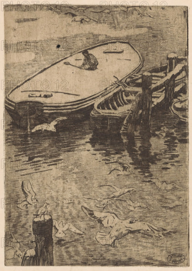 Boats in winter, print, A snow-covered rowboat and lighter at a mooring post. On the left in the foreground a seagull on a dolphin. Seagulls flying in the air., workshop stamp: 'ATELIER P. DUPONT', printmaker: Pieter Dupont, Netherlands, c. 1894 - c. 1895, paper, zinc etching, intaglio printmaking technique, height 195 mm x width 137 mm, rowing-boat, canoe, snow, shore-birds and wading-birds: gull, A monochrome etching showing a close view of a boat seen from above, its rounded deck occupying the upper left area and a figure seated near the center holding a long oar, with adjacent smaller boats and wooden posts tied with rope along the right edge; rippling water surrounds the vessels and reflects dark vertical shapes, while numerous seagulls in various flying and perched positions populate the lower and middle portions of the scene, sketched with fluid linework against a textured background.
