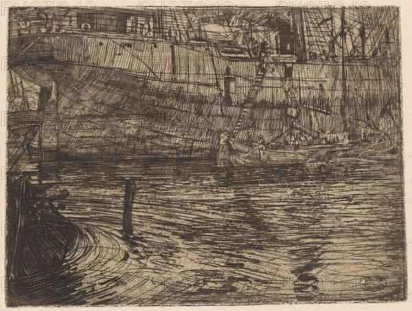 Steamboat in the Westerdok in Amsterdam, print, The stern of a cargo boat. A tjalk is moored alongside., workshop stamp: 'ATELIER P. DUPONT', printmaker: Pieter Dupont, Amsterdam, 1895, paper, zinc etching, intaglio printmaking technique, height 148 mm x width 196 mm, ships (in general), Westerdok, A detailed monochrome etching shows a large ship seen from the water with its hull dominating the upper portion of the image and a smaller boat moored alongside it. The scene includes a ladder leaning against the larger vessel, rigging and masts crisscrossing above, and figures on the decks and in the smaller boat. The water in the foreground is rendered with dense horizontal and swirling etched lines indicating ripples and reflections, and there are posts and a partially visible small craft at the lower left. The image is textured with fine crosshatching and scratchy lines throughout, creating contrasts between the solid mass of the ship and the restless surface of the water.
