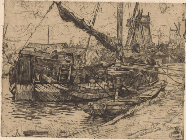 Tjalk in the Baarsjes in Amsterdam, print, In the foreground a rowboat. In the background three windmills., workshop stamp: 'ATELIER P. DUPONT', printmaker: Pieter Dupont, Amsterdam, c. 1895, paper, zinc etching, intaglio printmaking technique, height 150 mm x width 200 mm, windmill in landscape, ships (in general), Baarsjes, An etched scene of moored wooden boats seen close up with detailed plank and rope lines, a larger vessel in the foreground with a covered cabin and coiled ropes, smaller rowboats alongside, reflections and ripples in the water below, masts and spars rising with a furled sail draped across one mast, a shoreline with low buildings and thatched roofs behind the boats, a windmill with visible sails standing near the right edge, scattered reeds and grasses at the water’s edge, and a sky marked by curved etching strokes suggesting clouds.