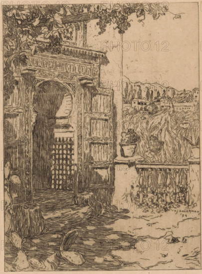 Entrance to the Oratorio del Partal in the Alhambra in Granada, print, In the foreground grapevines. In the background a hilly landscape with buildings., printmaker: Hendrik Johannes Haverman (signed by artist), 1867 - 1928, paper, etching, height 199 mm x width 149 mm, (high) hill, grape, gate, entrance, Andalusia, Granada, Alhambra, A detailed ink drawing of an ornate doorway and adjacent balcony rendered on a textured paper background, showing carved wooden panels, an arched entrance with a lattice gate, and decorative trim along the top of the doorframe. A vine with clusters of fruit hangs down from the upper left, its leaves and grapes sketched with fine lines. To the right of the doorway a balcony railing with balusters holds a potted plant and tall flowing vegetation that spills over the edge, with distant low buildings and slender trees sketched along the horizon. The foreground shows a rough stone or wood floor with scattered rounded objects and textured shading indicating wor...