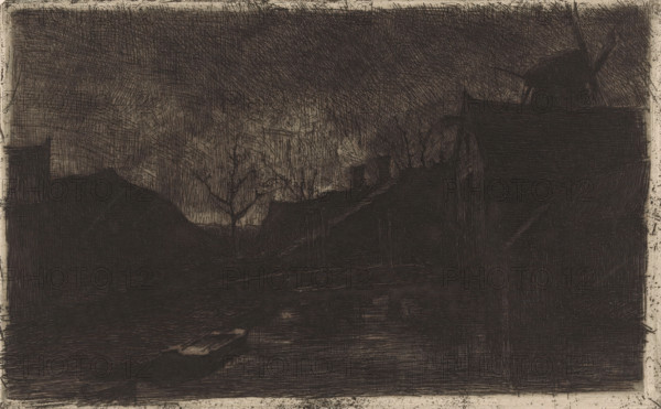 Landscape with houses and windmill at evening, print, printmaker: Eduard Karsen (signed by artist), 1870 - 1941, paper, etching, intaglio printmaking technique, height 158 mm x width 255 mm, Print from the Portfolio of the Dutch Etching Club, third volume, 1888., windmill in landscape, evening, A dark, heavily crosshatched scene shows a canal flanked by silhouetted buildings and rooftops, with a small boat moored near the water's edge in the foreground; bare-branched trees rise behind the roofs against a textured sky, and a windmill-like structure is visible above a building on the right, all rendered in dense, sketchy lines with a narrow light border around the image.