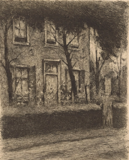Front garden of a house with hedge, print, printmaker: Eduard Karsen, 1870 - 1941, paper, etching, intaglio printmaking technique, height 253 mm x width 207 mm, Print from the Portfolio of the Dutch Etching Club, fifth volume, 1890., garden, A monochrome sketch of a building facade with several rectangular window openings partially obscured by slender tree trunks and branches; dense crosshatched shading forms a dark canopy above and heavy shadowed areas below, while the walls show textured, linear etching marks and faint foliage shapes around the lower windows; a vertical wooden post stands near the right edge and an open ground area with layered hatchwork fills the foreground.