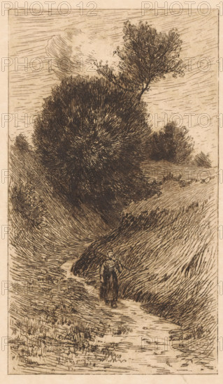 Woman on a sunken road, print, The woman carries a stick on her shoulder. In the background trees and bushes., printmaker: Anton L. Koster, 1869 - 1937, paper, etching, intaglio printmaking technique, height 228 mm x width 136 mm, road, path, carrying something on the head or on the shoulders, A tall, densely crosshatched tree dominates the upper center with textured branches and foliage, set against a sky filled with short, curved hatch marks and a cloud-like shape; sloping hills with long, directional strokes frame a winding path or stream that leads toward the foreground; along the path stands a solitary figure in simple, dark clothing with a long skirt and a shawl or wrapped upper garment, holding a thin object over one shoulder; grassy areas and low shrubs rendered with varied line work fill the landscape, and the overall image is composed in a narrow vertical format with an etched, monochrome appearance.