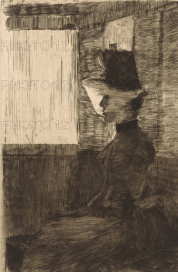 Veiled woman in train compartment, print, printmaker: Marinus van der Maarel, 1867 - 1921, paper, etching, intaglio printmaking technique, height 240 mm x width 160 mm, adult woman, veil, passenger carriage, A monochrome etching shows a seated woman in profile facing left, wearing a high-collared dress and a tall hat with a brim and ribbon detail, her facial features rendered in shadow and line. She sits against a background of vertical and horizontal hatched textures that form a window or light panel to her left and darker wall and seat surfaces around her. The image is composed of dense cross-hatching and fine linear marks creating tonal variations and contours of the figure and surrounding architecture. The woman's posture is upright, and the contours of her dress and hat are defined by closely spaced etched strokes contrasting with the lighter rectangular area of the window.