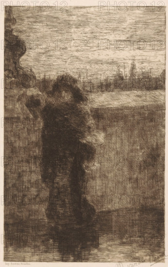 Woman with coat, print, A woman with a hat and a coat stands in front of a wall. In the background the silhouette of a city., printmaker: Marinus van der Maarel, printer (person): Joseph Bouwens, Brussels, 1867 - 1921, printer (person), paper, etching, intaglio printmaking technique, height 244 mm x width 164 mm, adult woman, coat, cape, A monochrome etching shows a person seen from behind leaning on a railing, their long hair and coat rendered with dense crosshatching; the scene beyond the railing includes a distant horizontal skyline with vertical spires and indistinct architectural forms under a heavily textured sky, while the foreground and lower areas are filled with varied linear shading and tonal marks creating a grainy, atmospheric effect.