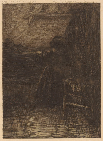 Girl at the kitchen counter, print, A girl stands at a kitchen counter. Next to her is a rack, above her on the wall hangs a shelf with two plates on it., printmaker: Wally Moes, 1866 - 1918, paper, etching, intaglio printmaking technique, height 198 mm x width 143 mm, kitchen, girl (child between toddler and youth), A dark, heavily crosshatched scene showing a figure standing near a window or opening, viewed from behind and slightly to the side, wearing a long dress with puffed sleeves and holding something small in both hands at about chest height; to the right of the figure a tall curtain or drapery hangs and a piece of furniture with horizontal slats and a folded cloth on top is partially visible; the background beyond the window shows a horizontal expanse with textured sky and a faint horizon line, and the overall image is rendered in dense, fine lines on a light, aged paper.