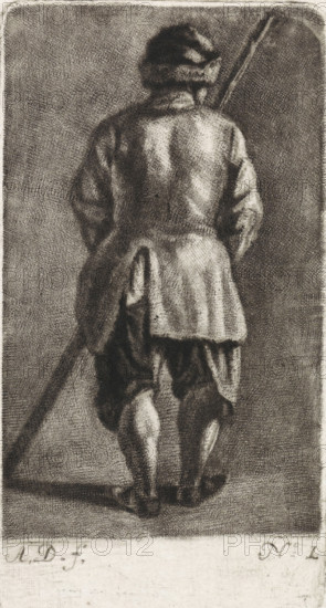 Man with a stick, seen from the back, print, printmaker: Abraham Delfos, Leiden, 1741 - 1820, paper, mezzotint, engraving, mezzotint and engraving, height 87 mm x width 46 mm, walking-stick, staff, A monochrome drawing shows a standing figure seen from behind, wearing a loose jacket and short, baggy trousers, with a cap on the head; the figure holds a long pole that rests on the ground and extends upward off to one side, and the clothing and legs display detailed shading and textured crosshatching against a uniformly shaded background.