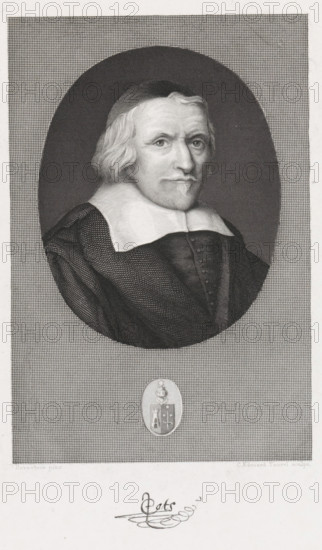 Portrait of Jacob Cats, print, printmaker: Edouard Taurel, Amsterdam, after painting by Jan Antonisz van Ravesteyn, 1834 - 1892, paper, etching, engraving, etching and engraving, height 297 mm x width 215 mm, Person, Jacob Cats (1577-1660), A black and white engraved portrait of an older man shown from the chest up inside an oval frame against a fine crosshatched background, with medium-length wavy hair peeking from under a close cap, a narrow mustache and small pointed beard, and a calm facial expression; he wears a dark robe with visible fabric texture and a wide white collar, and below the oval is a small oval shield-like emblem with simple decorative elements centered on the patterned background.
