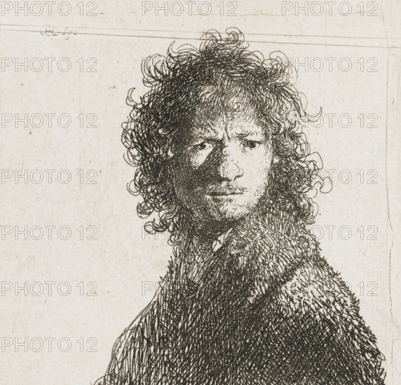 Self-portrait, frowning: bust, print, monogram and date: 'RHL 1630', printmaker: Rembrandt van Rijn, 1630, paper, etching, height 75 mm x width 75 mm, Person, portrait, self-portrait of graphic artist, A close-up etching of a person's head and upper torso rendered in fine dark lines on a light textured paper background, showing curly hair framing the face, intense eyes, a defined nose and mouth with subtle facial hair, and a densely crosshatched cloak or garment covering the shoulders and chest.