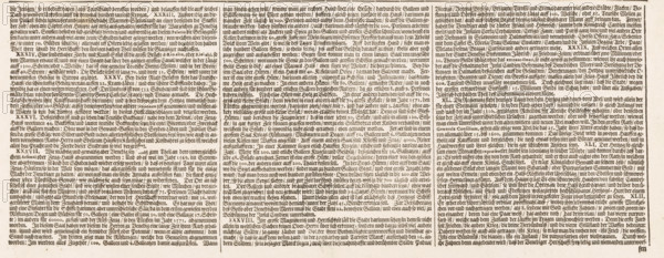 Ankunfft Und herkommen der weitberümbten herrlichen Statt Venedig Sambt derselben gewaltigen Herrschafft, Caption of the Festa della Sensa (fourth part), text sheet, Procession of the Doge on Ascension Day across St. Mark's Square in Venice. The procession leads to the Bucintoro, the Doge's galley. Once a year, during the Festa della Sensa, the Doge ceremonially 'married' the Adriatic Sea by throwing a ring into the water from this galley., printmaker: Jost Amman, Nuremberg, publisher: Johann Valentin Schäller, Frankfurt am Main, 1697, Bavaria, Hesse, paper, letterpress printing, height 171 mm x width 395 mm, A wide, rectangular image showing dense, small black text printed in a serif typeface across a light beige background; the text is arranged in narrow, closely spaced columns with uniform line lengths and tight spacing, filling nearly the entire area; the columns are separated by slim vertical gaps and the edges show slight irregularities where the ink is darker; the paper has a fa...