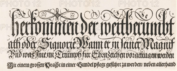 Ankunfft Und herkommen der weitberümbten herrlichen Statt Venedig Sambt derselben gewaltigen Herrschafft, Title of the Festa della Sensa (second part), print, text sheet, Procession of the Doge on Ascension Day across St. Mark's Square in Venice. The procession leads to the Bucintoro, the Doge's galley. Once a year, during the Festa della Sensa, the Doge ceremonially 'married' the Adriatic Sea by throwing a ring into the water from this galley., printmaker: Jost Amman, Nuremberg, publisher: Johann Valentin Schäller, Frankfurt am Main, 1697, Bavaria, Hesse, paper, woodcut, height 168 mm x width 390 mm, A rectangular sheet with ornate blackletter script printed across it, featuring thick vertical strokes and decorative flourishes that extend above and below the main lines; the top area includes elaborate swirling ornamental loops and interlaced lines above the tall letters, while the lower area shows smaller but dense lines of text with calligraphic curls and occasional decorative embell...