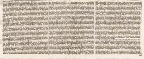 Arrival And arrival of the widely esteemed noble city of Venice Together with its mighty rule, Caption of the Festa della Sensa (third part), text sheet, Procession of the Doge on Ascension Day across St. Mark's Square in Venice. The procession leads to the Bucintoro, the Doge's galley. Once a year, during the Festa della Sensa, the Doge ceremonially 'married' the Adriatic Sea by throwing a ring into the water from this galley., printmaker: Jost Amman, Nuremberg, publisher: Johann Valentin Schäller, Frankfurt am Main, 1697, Bavaria, Hesse, paper, letterpress printing, height 170 mm x width 390 mm, A rectangular image showing a dense block of black printed text on aged, off-white paper; the text is arranged in narrow vertical columns with closely set lines and uniform serif type; margins are visible around the text, and the paper shows a slight horizontal crease near the bottom center; the overall appearance suggests a historical printed page with consistent, tightly packed paragraphs a...