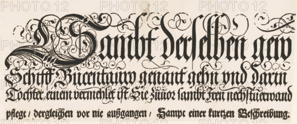Ankunfft Und herkommen der weitberümbten herrlichen Statt Venedig Sambt derselben gewaltigen Herrschafft, Title of the Festa della Sensa (fourth part), print, text sheet, Procession of the Doge on Ascension Day across St. Mark's Square in Venice. The procession leads to the Bucintoro, the Doge's galley. Once a year, during the Festa della Sensa, the Doge ceremonially 'married' the Adriatic Sea by throwing a ring into the water from this galley., printmaker: Jost Amman, Nuremberg, publisher: Johann Valentin Schäller, Frankfurt am Main, 1697, Bavaria, Hesse, paper, woodcut, height 165 mm x width 385 mm, A rectangular sheet with ornate black calligraphic lettering across its width, featuring large decorative initials with intricate swirling flourishes and dense blackletter-style lines; the top area contains elaborate looping strokes and ornamental penwork extending into the surrounding space, while the lower area shows several lines of tightly spaced gothic script with occasional delicate...
