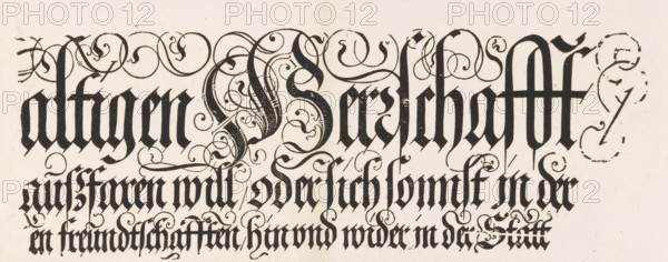 Title of the Festa della Sensa (fifth part), Ankunfft Und herkommen der weitberümbten herrlichen Statt Venedig Sambt derselben gewaltigen Herrschafft, print, text sheet, Procession of the Doge on Ascension Day through St. Mark's Square in Venice. The procession leads to the Bucintoro, the Doge's galley. Once a year, during the Festa della Sensa, the Doge ceremonially 'married' the Adriatic Sea by throwing a ring into the water from this galley., printmaker: Jost Amman, Nuremberg, publisher: Johann Valentin Schäller, Frankfurt am Main, 1697, Bavaria, Hesse, paper, woodcut, height 147 mm x width 382 mm, An off-white paper with dense black ornamental calligraphy filling most of the space, featuring tall vertical strokes, thick blackletter forms, and elaborate swirling flourishes that loop and curl around and through the letters, with visible textured ink edges and occasional small gaps in the black where the ink is worn, and a larger ornate flourish at the top center that interweaves with...