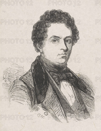 Portrait of Hubertus van Hove, print, printmaker: Coenraad Hamburger, 1842, paper, wood engraving, height 78 mm x width 60 mm, Person, Hubertus van Hove, historical persons, portrait, self-portrait of artist, self-portrait of painter, self-portrait of draughtsman, A black and white ink drawing of a man shown from the chest up wearing a dark coat with wide lapels, a high-collared shirt, and a neckcloth; he has short, tightly curled hair, arched eyebrows, and a neutral facial expression with eyes looking slightly to the side, and the background is plain paper with visible texture.