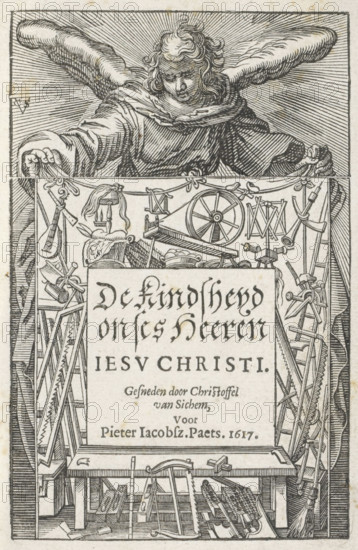 The Childhood of Our Lord Jesus Christ, Youth of Christ, print, title page, Series number, 1, 13, An angel holds a cloth with various household objects and carpenter's tools on it, including a spinning wheel, a broom, a number of hammers and saws., printmaker: Christoffel van Sichem (II), Amsterdam, after print by Boëtius Adamsz. Bolswert, after drawing by Abraham Bloemaert, after print by Hieronymus Wierix, publisher: Pieter Jacobsz. Paets, 1617, Christoffel van Sichem (II), Boëtius Adamsz. Bolswert, Abraham Bloemaert, Hieronymus Wierix, Pieter Jacobsz. Paets, printmaker, after print by, after drawing by, publisher, paper, woodcut, letterpress printing, woodcut and text in letterpress, printed from two wooden blocks, height 138 mm x width 89 mm, A detailed woodcut shows the upper half of a robed figure with flowing hair and outstretched arms occupying the top portion, radiating lines behind the head and shoulders; below the figure is a framed scene filled with an assortment of worksho...