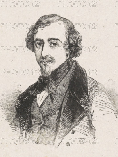 Portrait of Christiaan Immerzeel, print, printmaker: Coenraad Hamburger, 1841 - 1842, paper, wood engraving, height 86 mm x width 70 mm, Person, Christiaan Immerzeel, historical persons, portrait, self-portrait of artist, self-portrait of painter, self-portrait of draughtsman, A black ink etching of a man shown from the chest up, with wavy hair parted at the center, a mustache and a goatee, and large expressive eyes; he wears a high-collared coat with wide lapels, a bow tied at the neck, and layered garments beneath, all rendered with fine crosshatching and line work on a light textured paper background.