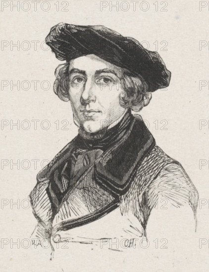 Portrait of the painter Kasparus Karsen, with beret facing left, print, printmaker: van Arum, after drawing by Coenraad Hamburger, after 1819 - c. 1921, paper, wood engraving, height 78 mm x width 61 mm, Person, Kasparus Karsen, historical persons, portrait, self-portrait of artist, self-portrait of painter, A black and white ink drawing of a man shown from the chest up wearing a dark beret-style hat and a high-collared coat with a scarf or cravat around his neck; he has wavy hair peeking out from under the hat, a clean-shaven face with defined eyes and lips, and detailed cross-hatched shading on his clothing and facial features against a plain light background.
