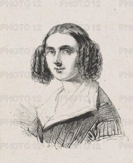 Portrait of Marie Adelaïde Kindt, print, after drawing by Adèle Kindt, 1814 - 1934, printmaker, paper, wood engraving, height 70 mm x width 56 mm, Person, portrait, self-portrait of artist, historical persons - BB - woman, A monochrome line drawing of a person from the chest up with shoulder-length curly hair parted in the middle, a smooth forehead, arched eyebrows, and detailed eyes looking slightly forward; the nose and lips are finely inked and the chin is rounded. The figure wears a garment with a wide collar and a textured bodice, one sleeve showing vertical pleats and shading lines. The background is plain light paper with a subtle textured grain and small specks.