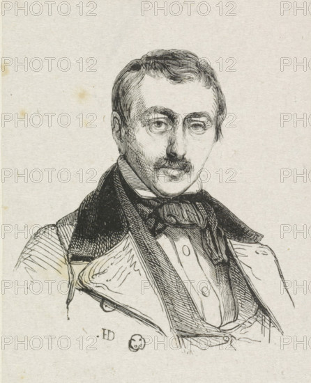 Portrait of Jan Hendrik van de Laar, print, after drawing by Coenraad Hamburger (possibly), 1819 - 1921, printmaker, paper, wood engraving, height 70 mm x width 55 mm, Person, Jan Hendrik van de Laar, historical persons, portrait, self-portrait of artist, A black and white ink drawing of a man from the chest up, showing a neatly combed hairstyle, a thin mustache, and a calm facial expression with detailed shading around the eyes and cheeks; he wears layered clothing including a high-collared shirt, a bow tied at the neck, and an outer coat with wide lapels and visible stitching, rendered with fine crosshatching and line work on a textured, slightly spotted paper background.