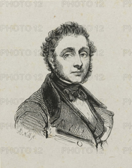 Portrait of Johan David Zocher, print, Portrait of the landscape architect and draftsman Johan David Zocher., printmaker: Adolphe Frédéric Nett, after drawing by Coenraad Hamburger, 1832 - c. 1900, paper, wood engraving, height 85 mm x width 66 mm, Person, Johan David Zocher, historical persons, portrait, self-portrait of artist, self-portrait of draftsman, self-portrait of architect, French or architectural garden, formal garden, A black ink line drawing of a man shown from the chest up on an off-white textured background, with curly hair and sideburns, arched eyebrows, and a composed facial expression; he wears a high-collared shirt with a cravat and a dark coat with visible lapels and textured shading, rendered with crosshatching and fine lines.
