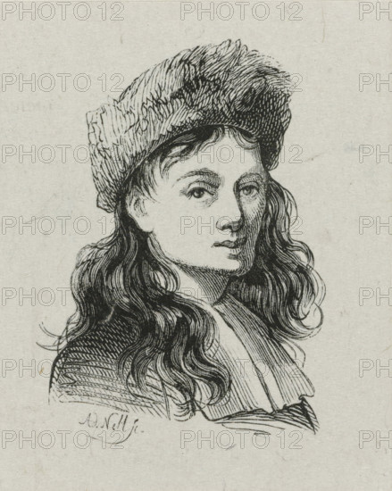 Portrait of Thomas Wijck, print, Portrait of painter and engraver Thomas Wijck., printmaker: Adolphe Frédéric Nett, after drawing by anonymous, 1832 - c. 1900, paper, wood engraving, height 70 mm x width 57 mm, Person, Thomas Wijck, historical persons, portrait, self-portrait of artist, self-portrait of painter, self-portrait of graphic artist, A black and white engraved portrait of a young person shown from the shoulders up wearing a textured cap and a loose collar, with long wavy hair falling over the shoulders and detailed linework defining the facial features and hair.