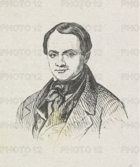 Portrait of Jean Baptiste Madou, print, after drawing by Jean Baptiste Madou, 1806 - c. 1927, printmaker, paper, wood engraving, height 70 mm x width 55 mm, Person, historical persons, portrait, self-portrait of artist, A black ink line drawing of a man from the chest up on a light textured background, showing a high forehead with neatly combed dark hair, arched eyebrows, and detailed eyes, a straight nose, and a closed mouth with a faint mustache; he wears a dark patterned neck scarf or cravat beneath a collared coat with visible lapels and textured shading lines, and the drawing includes crosshatching and fine strokes to render shadows and fabric folds.