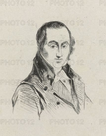 Portrait of Joseph Charles de Meulemeester, print, after drawing by Coenraad Hamburger, 1819 - c. 1921, printmaker, paper, wood engraving, height 70 mm x width 55 mm, Person, Jozef Karel De Meulemeester, historical persons, portrait, self-portrait of artist, A black ink drawing of a man from the chest up on a textured light background, showing a high-collared coat with wide lapels and prominent buttons, a cravat tied at the neck, short wavy hair combed back, arched eyebrows, detailed eyes looking forward, a straight nose, and a closed mouth with subtle shading and line work defining facial contours and clothing folds.