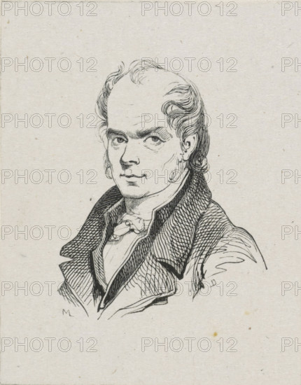 Portrait of GJJ van Os, print, printmaker: Monogrammist ML, after drawing by Coenraad Hamburger, c. 1800 - c. 1900, paper, wood engraving, height 70 mm x width 55 mm, Person, Georgius Jacobus Johannes van Os, historical persons, portrait, self-portrait of artist, A black ink line drawing of a man shown from the chest up on a light textured background, featuring a high forehead with wavy hair swept back, pronounced eyebrows, and a direct gaze. His face shows detailed line work for the eyes, nose, mouth, and sideburns. He wears a collared coat with a patterned lapel over a shirt and tied cravat, rendered with crosshatching and parallel lines for shading and texture. The background is plain with subtle speckles and paper grain.