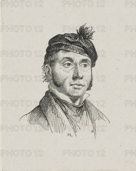 Portrait of Pierre François de Noter (the Younger), print, printmaker: Monogrammist ML, after drawing by Félix De Vigne, c. 1800 - c. 1900, paper, wood engraving, height 70 mm x width 55 mm, Person, Pierre François De Noter, historical persons, portrait, self-portrait of artist, A black ink line drawing of a man shown from the shoulders up on a light textured background, wearing a patterned cap with a tassel, a high collar, and a scarf or cravat; the man has short sideburns and wavy hair peeking from beneath the cap, with detailed crosshatched shading on his face, clothing, and hat, and a neutral facial expression with gaze directed slightly to the viewer's right.
