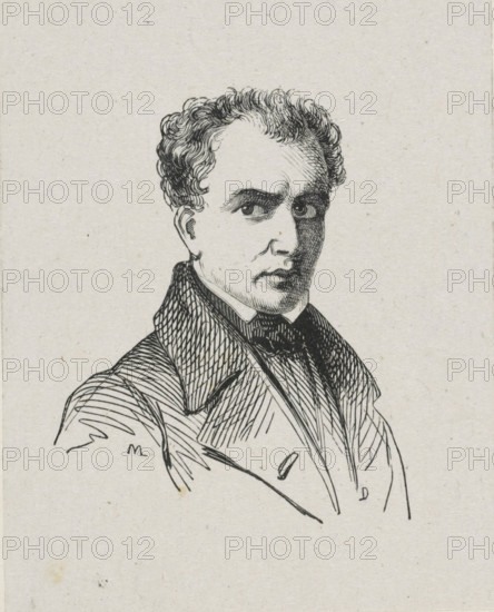 Portrait of François Joseph Navez, print, printmaker: Monogrammist ML, after drawing by François Joseph Navez, c. 1800 - c. 1900, paper, wood engraving, height 70 mm x width 55 mm, Person, historical persons, portrait, self-portrait of artist, A black ink line drawing of a man shown from the chest up, with curly hair, prominent eyebrows, and a serious facial expression, wearing a high-collared coat and a bow at the neck, rendered on textured off-white paper.