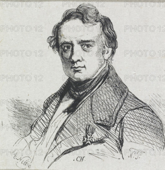 Portrait of Jan Willem Pieneman, print, printmaker: Adolphe Frédéric Nett, after drawing by Nicolaas Pieneman, 1832 - c. 1900, paper, wood engraving, height 84 mm x width 69 mm, Person, Jan Willem Pieneman, historical persons, portrait, self-portrait of artist, self-portrait of painter, A black ink line drawing of a man shown from the chest up on a light textured background, featuring a high forehead and wavy hair swept back from the face, expressive eyes with detailed shading around them, a straight nose and a closed mouth, a high-collared garment with layered clothing and a scarf or cravat around the neck, patterned shading on the coat suggesting woven fabric, and a small decorative medal or emblem pinned to the chest.