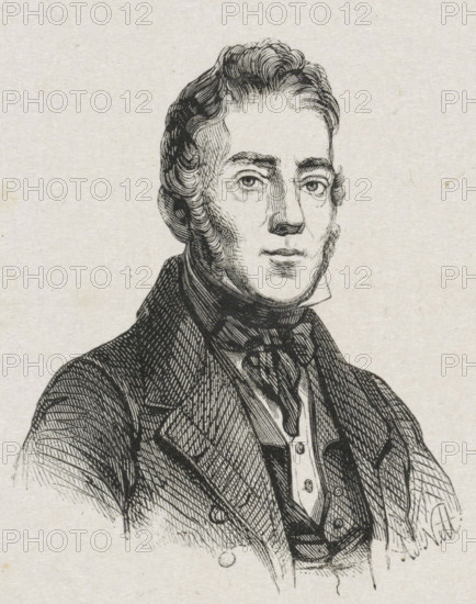 Portrait of George Pieter Westenberg, print, Portrait of the painter George Pieter Westenberg., printmaker: Adolphe Frédéric Nett, after drawing by Nicolaas Pieneman, 1832 - c. 1900, paper, wood engraving, height 90 mm x width 74 mm, Person, George Pieter Westenberg, historical persons, portrait, self-portrait of artist, self-portrait of painter, A black and white engraved portrait of a man shown from the chest up, featuring wavy hair styled back from his forehead, arched eyebrows, and a clean-shaven face with subtle sideburns; he wears a high-collared shirt with a cravat tied at the neck, a waistcoat beneath, and a jacket with visible lapels and textured shading; the image is rendered with fine crosshatching and line work on a lightly textured, pale background.